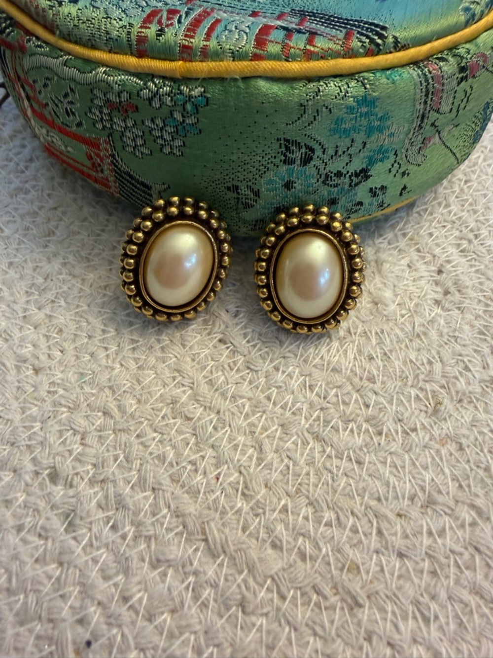 Yves St Laurent Vintage Classic Pearl Gold and Cabochon Clip-On Earrings -